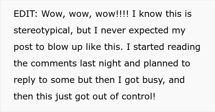 An edit section discussing the post blowing up and the user getting busy with the comments after the female friends story.