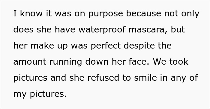 At the graduation BBQ, the ex-mom's waterproof mascara runs, showing her deliberate attempt to spoil pictures. At the graduation BBQ, the ex-mom's waterproof mascara runs, showing her deliberate attempt to spoil pictures.
