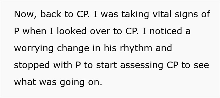 Text detailing an ER nurse assessing a patient's vital signs and noticing a worrying change in rhythm. Text detailing an ER nurse assessing a patient's vital signs and noticing a worrying change in rhythm.