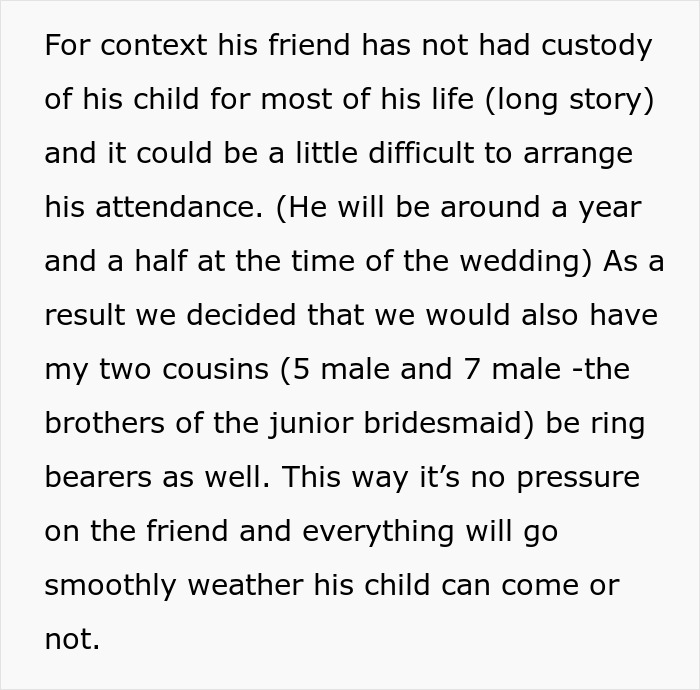 Text outlining the context of a wedding dispute, focusing on ring bearer choices and a friend's child's attendance.
