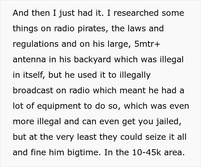 Text explaining how new parents researched the rude neighbor's illegal antenna for blasting radio nightly. Text explaining how new parents researched the rude neighbor's illegal antenna for blasting radio nightly.