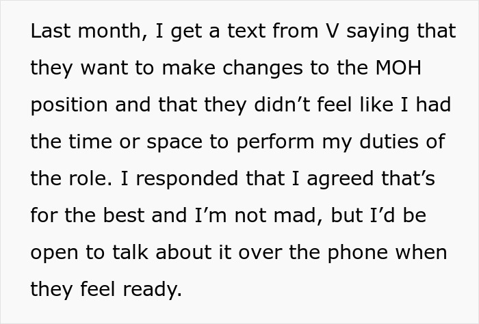 Text about changes to the MOH position and the end of a friendship. Text about changes to the MOH position and the end of a friendship.