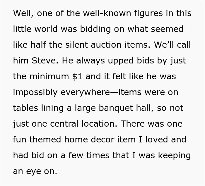 Text snippet: Details how a well-known figure, Steve, was bidding on numerous silent auction items at a charity auction. Text snippet: Details how a well-known figure, Steve, was bidding on numerous silent auction items at a charity auction.