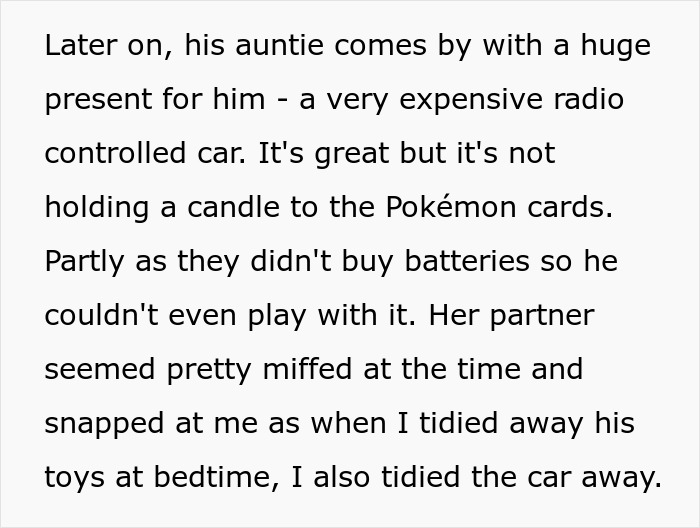A screenshot showing text about buying stepson love with gifts. The stepson receives an expensive radio-controlled car, but it is not as good as the cards he likes.