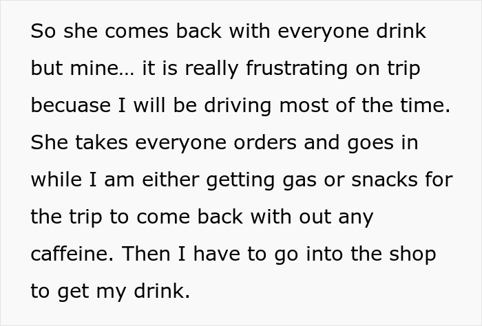 Screenshot of text describing MIL's frustration of not getting her coffee order on a trip while driving, due to DIL's refusal.