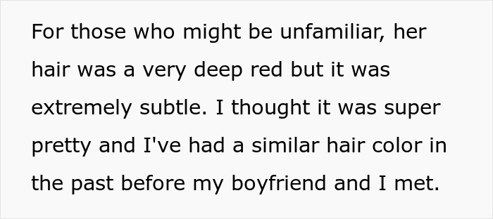 A screenshot of text on a screen. The main character describes the hair color she desires: 'very deep red but it was extremely subtle.'