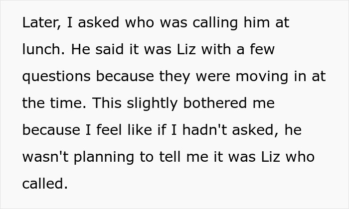 Text explaining a GF asking her BF about female friends calling during lunch; he was evasive about the coworker.