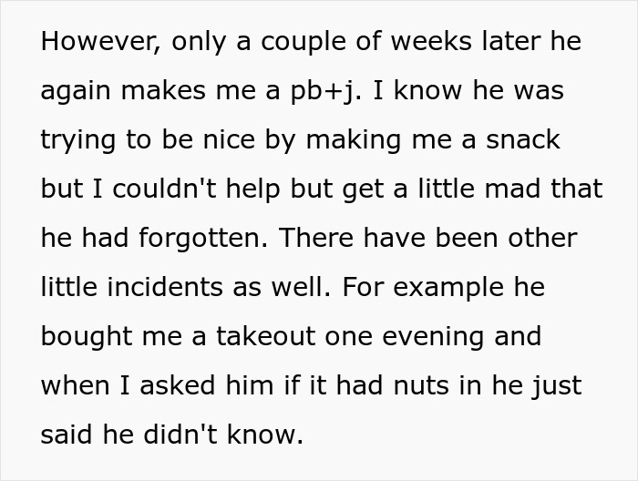 Screenshot of a post describing multiple incidents where a woman's boyfriend forgot about her allergy. Screenshot of a post describing multiple incidents where a woman's boyfriend forgot about her allergy.