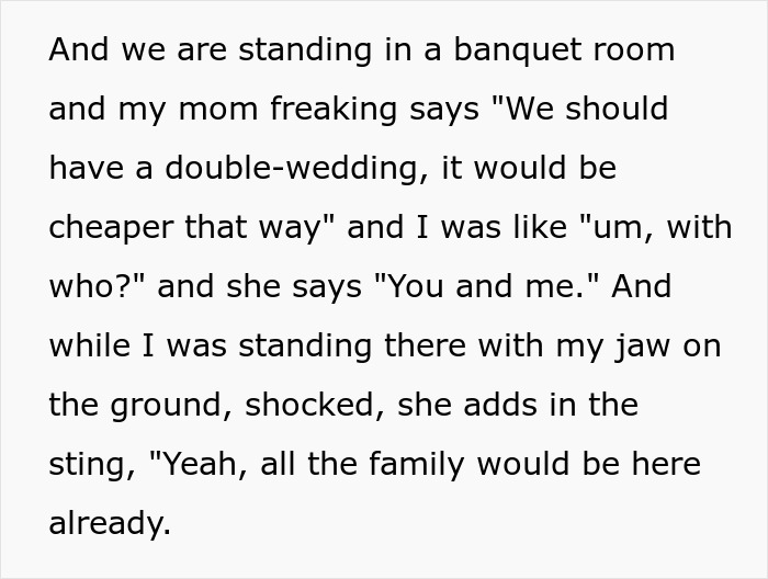 Mom Tries To Score A Free Wedding On Daughter’s Big Day, Gets Shut Down Fast By Furious Bride-To-Be Mom Tries To Score A Free Wedding On Daughter’s Big Day, Gets Shut Down Fast By Furious Bride-To-Be