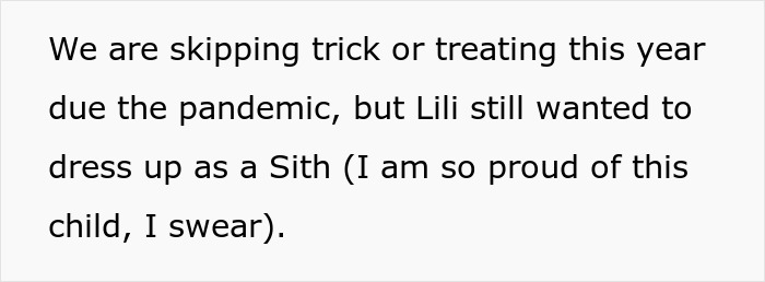 Text about skipping trick or treating, and the child wanting to dress up, linked to a half-sister and her baby