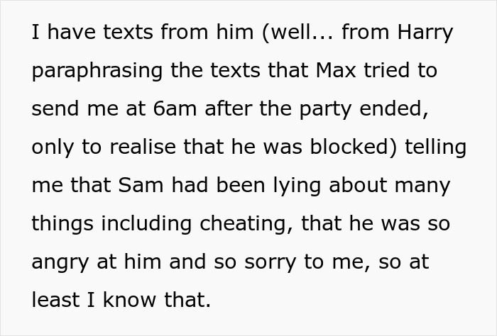 Screenshot of texts from Harry about Sam lying and the Man's friends playing each other, including cheating allegations. Screenshot of texts from Harry about Sam lying and the Man's friends playing each other, including cheating allegations.