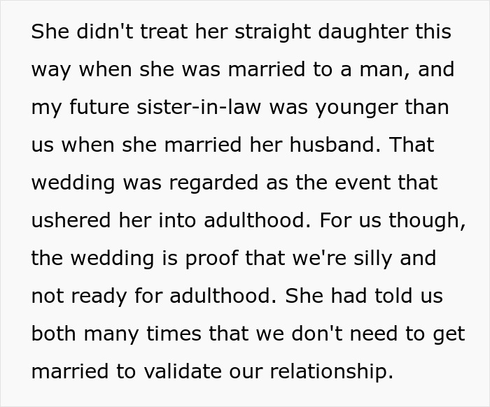 Text detailing how a future mother-in-law dismisses the bride's wedding, unlike her straight daughter's. Text detailing how a future mother-in-law dismisses the bride's wedding, unlike her straight daughter's.