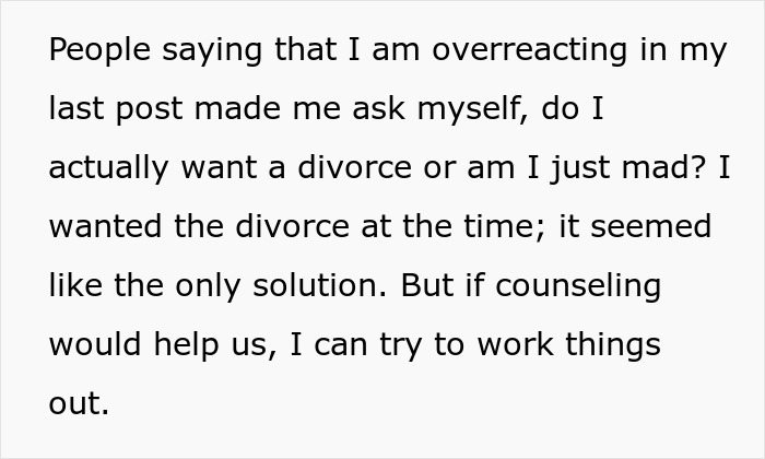 Text explaining that counseling might prevent a divorce and stop the woman leaving her son. Text explaining that counseling might prevent a divorce and stop the woman leaving her son.