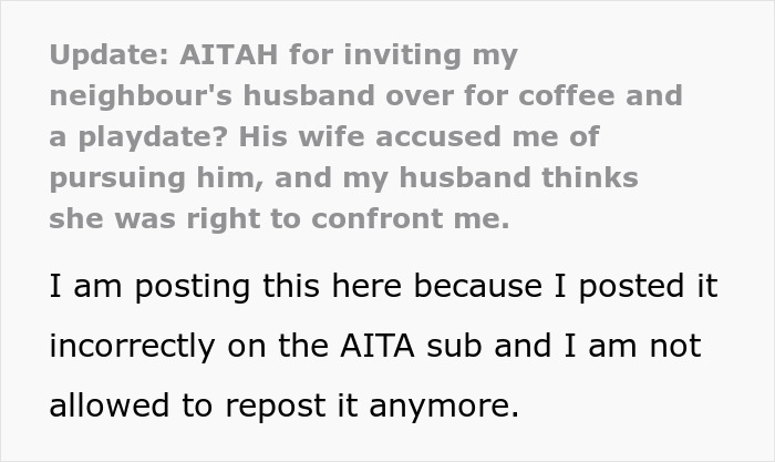 An update about a miscommunication, where a wife finds out why her husband took the neighbor's side after checking baby cam.