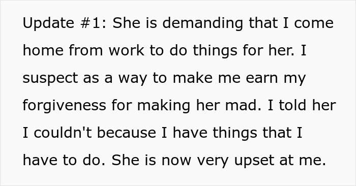 A screenshot of text detailing a wife's demands after a disagreement about a criminal trial theory.