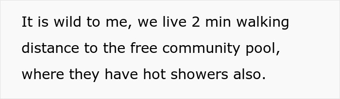 Text bubble: Squatter uses neighbor's pool as a bath despite free community pool with hot showers nearby. Text bubble: Squatter uses neighbor's pool as a bath despite free community pool with hot showers nearby.