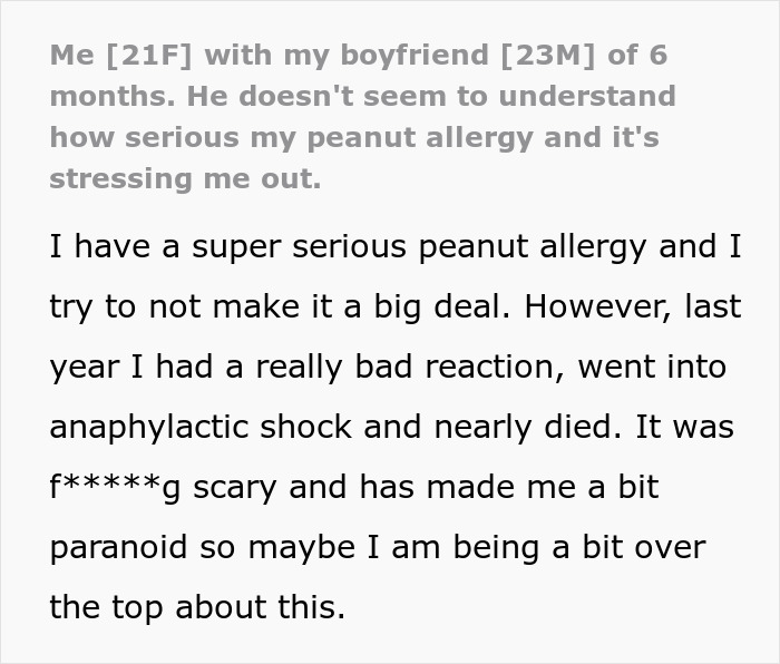 Screenshot of a post detailing a woman's serious peanut allergy and her boyfriend forgetting about it. Screenshot of a post detailing a woman's serious peanut allergy and her boyfriend forgetting about it.
