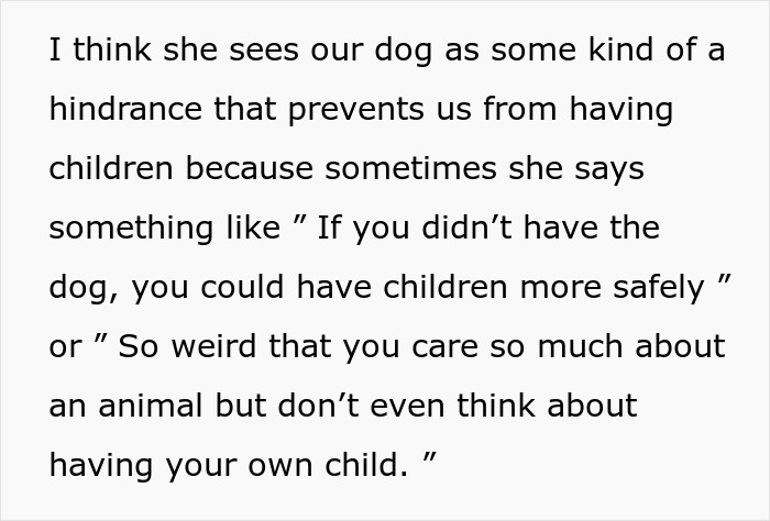 Screenshot of text detailing MILs strange comments about the senior dog preventing children. Screenshot of text detailing MILs strange comments about the senior dog preventing children.