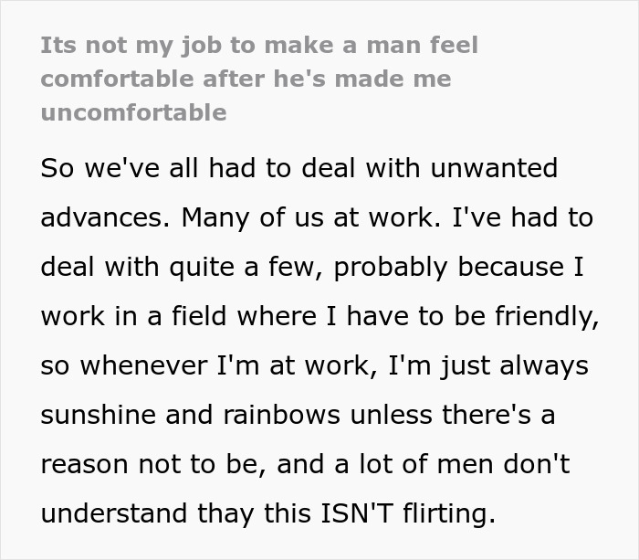 Text explaining how a woman's coworker used her number to ask if she is married or single, causing discomfort.