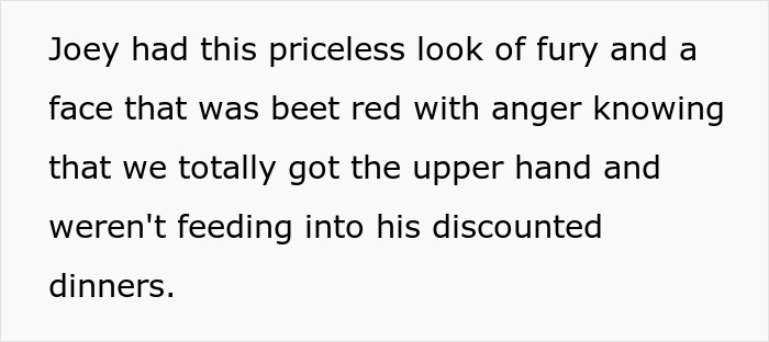 Text describing a man's angry reaction to not getting discounted dinners, illustrating the bills payment theme. Text describing a man's angry reaction to not getting discounted dinners, illustrating the bills payment theme.