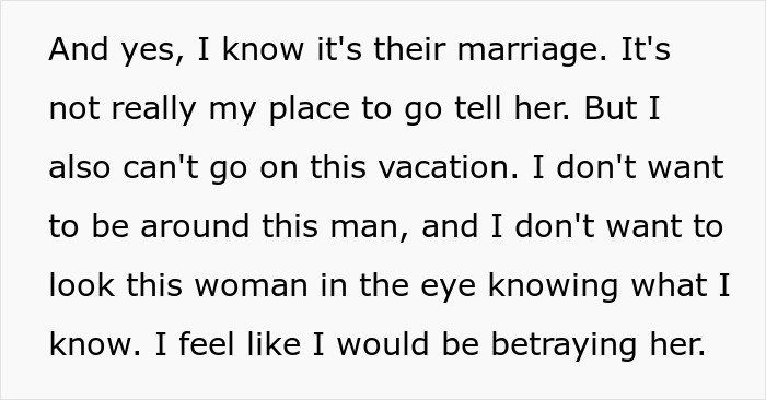 Text snippet revealing the reluctance to go on vacation due to an exposed affair and other cheaters. Text snippet revealing the reluctance to go on vacation due to an exposed affair and other cheaters.