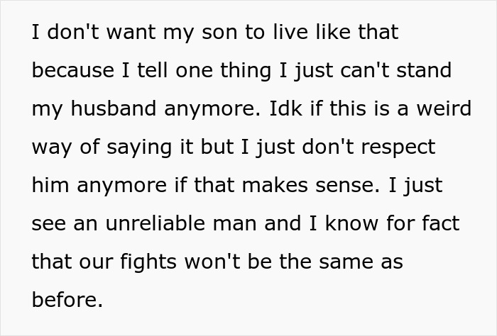 Text about a woman who wants to leave her son, stating she no longer respects her husband, seeing him as unreliable. Text about a woman who wants to leave her son, stating she no longer respects her husband, seeing him as unreliable.