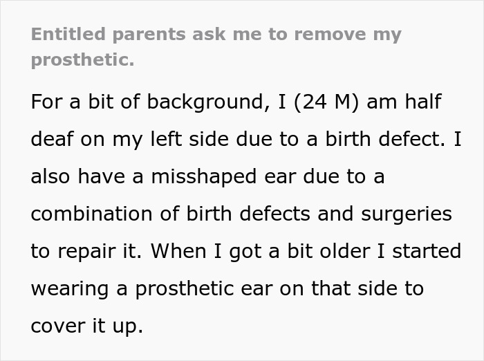 Screenshot of text detailing a medical worker's experience with a prosthetic ear and parental misunderstanding. Screenshot of text detailing a medical worker's experience with a prosthetic ear and parental misunderstanding.