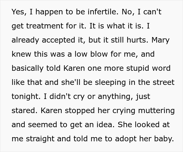 Text discussing half-sis taunting woman over her infertility, then deciding she'd be a great mom to her baby.