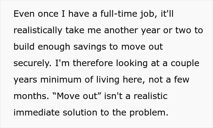Text explaining financial constraints and difficulty moving out, highlighting the controlling mom situation. Text explaining financial constraints and difficulty moving out, highlighting the controlling mom situation.