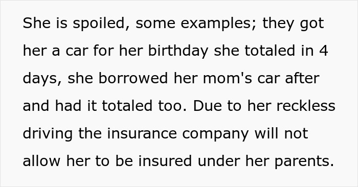 Screenshot of text detailing a spoiled SIL's reckless driving and insurance issues, highlighting family conflict at a wedding. Screenshot of text detailing a spoiled SIL's reckless driving and insurance issues, highlighting family conflict at a wedding.