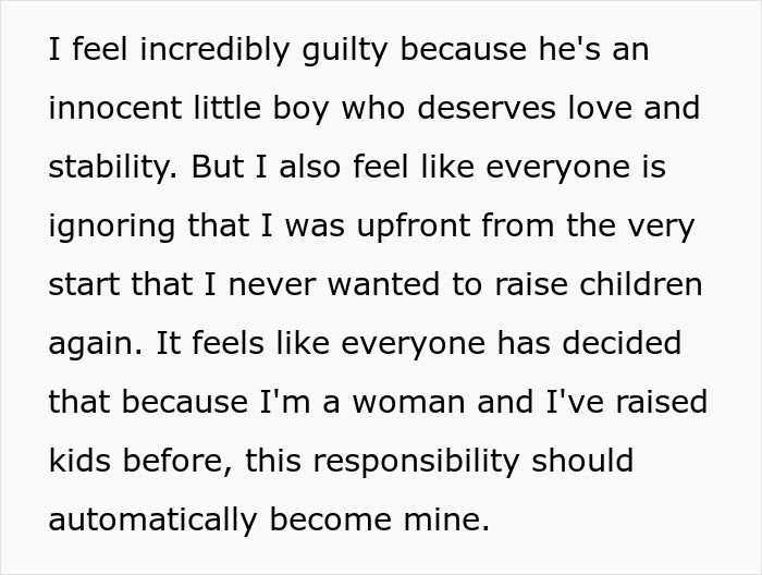 A wife explains her guilt but firm stance on not being the primary caregiver for her husband's orphaned nephew. A wife explains her guilt but firm stance on not being the primary caregiver for her husband's orphaned nephew.