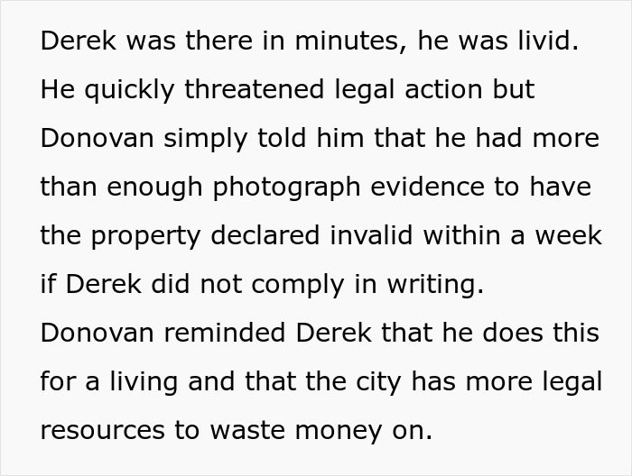 Text describing Derek's livid reaction and threats of legal action after learning about property invalidation, costing him $950K. Text describing Derek's livid reaction and threats of legal action after learning about property invalidation, costing him $950K.