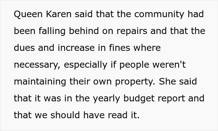 HOA "Queen Karen" Fines Everyone Over Minor Rules, Residents Discover Where Their Extra Dues Went HOA "Queen Karen" Fines Everyone Over Minor Rules, Residents Discover Where Their Extra Dues Went