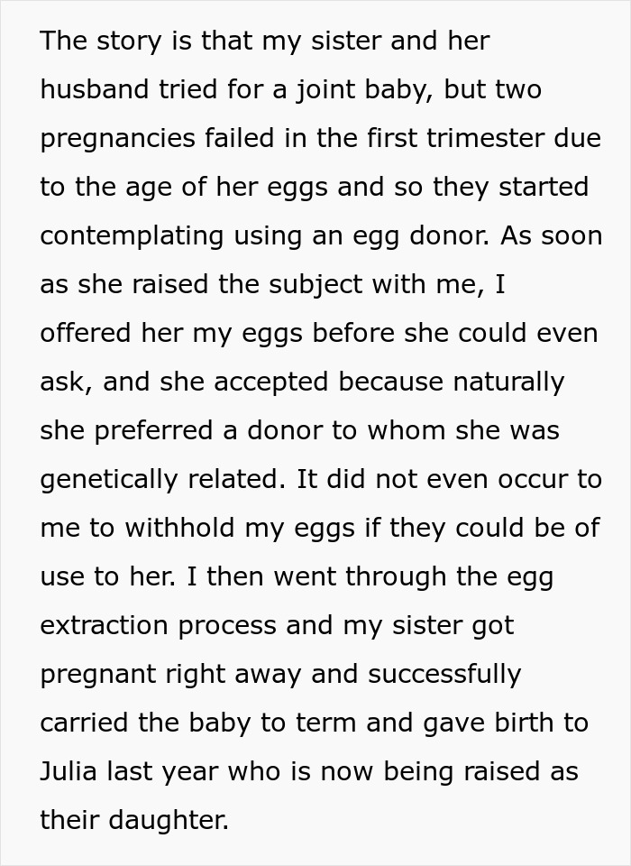 Text explaining how a sister became an egg donor for her sister to have a baby, a secret kept for 18 years. Text explaining how a sister became an egg donor for her sister to have a baby, a secret kept for 18 years.
