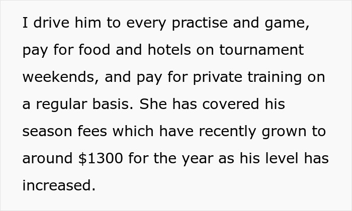 Screenshot about man driving step-son to practice, paying for food, hotels, and private training for sports fees. Screenshot about man driving step-son to practice, paying for food, hotels, and private training for sports fees.