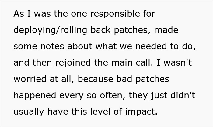 A screenshot with text about deploying/rolling back patches, contributing to the story of a workplace bully. A screenshot with text about deploying/rolling back patches, contributing to the story of a workplace bully.