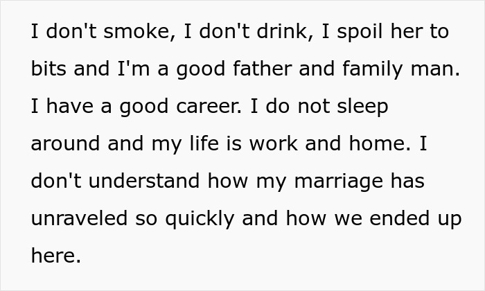 A husband reflects on his commitment as a family man and good father while mourning his marriage.