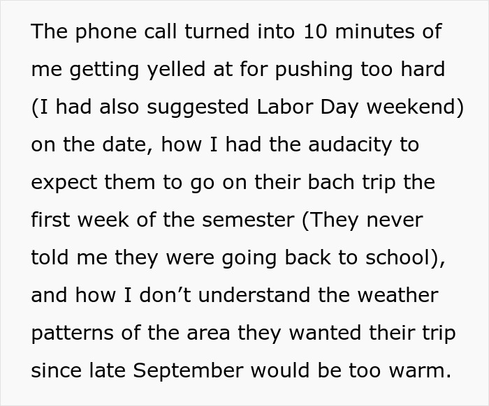 Text describing a frustrating phone call, where a woman is yelled at regarding bachelorette date plans and friendship ends. Text describing a frustrating phone call, where a woman is yelled at regarding bachelorette date plans and friendship ends.