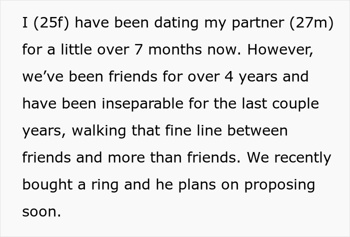 Text from a woman (25f) detailing her 7-month relationship with her partner (27m) and upcoming wedding proposal. Text from a woman (25f) detailing her 7-month relationship with her partner (27m) and upcoming wedding proposal.