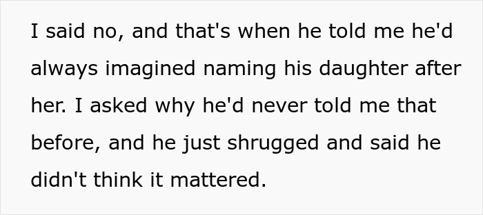 Screenshot of text about husband wanting daughter named after his best friend and wife discovering they were engaged. Screenshot of text about husband wanting daughter named after his best friend and wife discovering they were engaged.