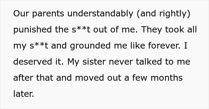 Screenshot of text discussing parents punishment and sister moving out after the violent fight with family.