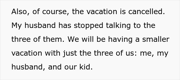Text mentioning a cancelled group vacation and a smaller family vacation due to friends' exposed affairs and cheating. Text mentioning a cancelled group vacation and a smaller family vacation due to friends' exposed affairs and cheating.