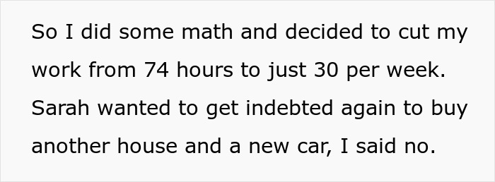 Text on husband reducing work hours, wife wants new rules for open marriage, financial disagreements. Text on husband reducing work hours, wife wants new rules for open marriage, financial disagreements.