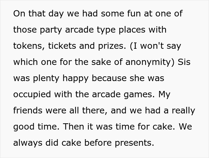 Screenshot of text: Happy brother at an arcade party before the spoiled sister's tantrum over cake, due to enabling mom. Screenshot of text: Happy brother at an arcade party before the spoiled sister's tantrum over cake, due to enabling mom.