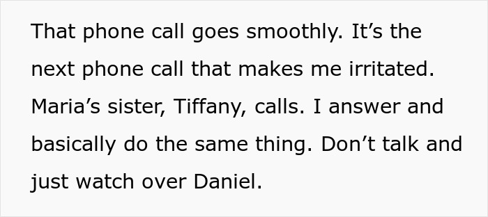 A babysitter handles a phone call, irritated by the aunt's behavior.