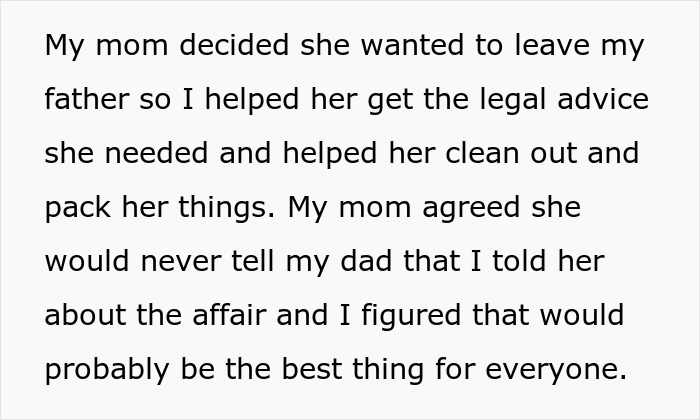 Text from a post detailing how the woman helped her mom leave her father, reinforcing her suspicion about dessert tampering.