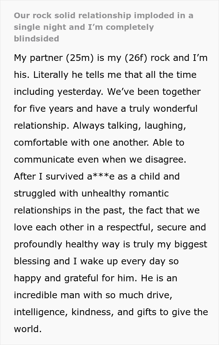 Woman Blindsided By Sudden End To Her “Rock Solid” Relationship Of 5 Years Woman Blindsided By Sudden End To Her “Rock Solid” Relationship Of 5 Years