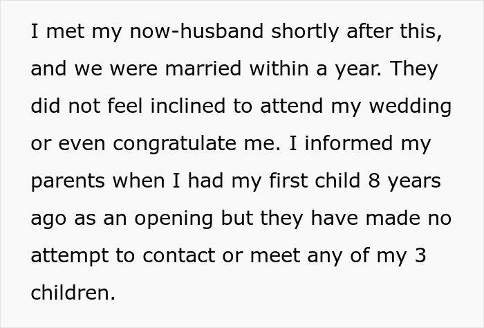 A screenshot of text describing a woman's family estrangement after marriage and children due to her toxic sister's past actions. A screenshot of text describing a woman's family estrangement after marriage and children due to her toxic sister's past actions.