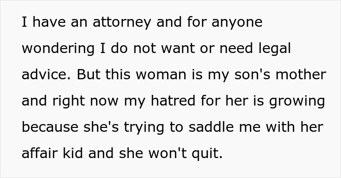 A screenshot of text where a husband expresses growing hatred for his wife who cheats, making ludicrous demands. A screenshot of text where a husband expresses growing hatred for his wife who cheats, making ludicrous demands.