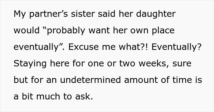 Text detailing family expectations for a couple to house a niece for an undetermined amount of time. Text detailing family expectations for a couple to house a niece for an undetermined amount of time.
